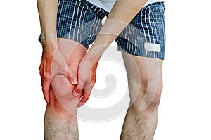 Male holding hand to spot of knee-aches photo