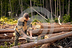 Male holding heavy ax. Axe in lumberjack hands chopping or cutting wood trunks