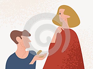 Male holding ring in box making proposal to beautiful female vector flat illustration. Enamored man proposing marriage