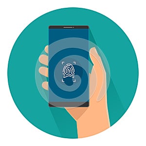 Male holding smartphone with fingerprint for access to phone on screen