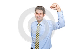 Male holds arm up, success gesture, isolated