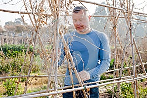 Male horticulturist working with wooden girders in garden
