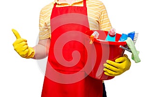 Male householder holding a bucket of cleaning products