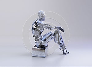 A male humanoid robot, android or cyborg, sit down on studio background. 3D illustration