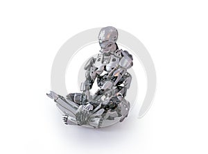 A male humanoid robot, android or cyborg, sit down on studio floor, thinking. 3D illustration isolated on white.