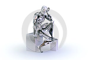 A male humanoid robot, android or cyborg, sit down and thinking or computing on white studio background. 3D illustration
