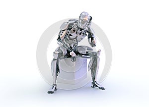 A male humanoid robot, android or cyborg, sit down and thinking on studio background. 3D illustration