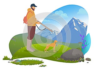 Male Hunter with Gun and Dog, Mountains Vector