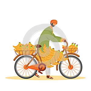 Male Indian carrying bananas on bicycle flat color vector faceless character