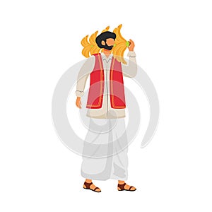Male Indian carrying bananas bunch on shoulder flat color vector faceless character