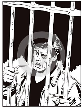 Male in jail. Man is behind prison lattice. Stock illustration.