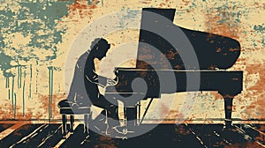 Male jazz or classical musician pianist playing a piano in a vintage abstract distressed style painting