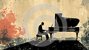 Male jazz or classical musician pianist playing a piano in a vintage abstract distressed style painting
