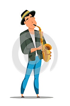 Male jazz saxophonist character isolated on white