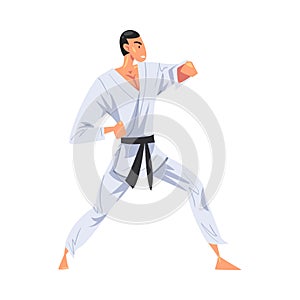 Male Karate Fighter Character in White Kimono Doing Karate, Japan Martial Art Cartoon Style Vector Illustration
