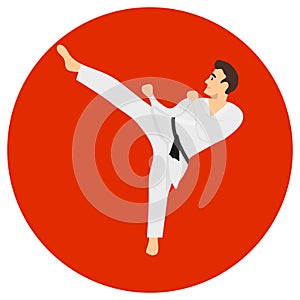 Male karate kicks. A man in a white kimono with a black belt on a red background. Vector illustration