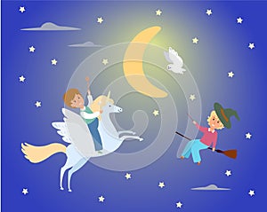 Male kid character ride unicorn, female person witch flying broom flat vector illustration. Miracle pegasus magical