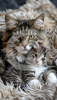 Male kodkod and kodkod kitten portrait with ample space on the left for text placement photo