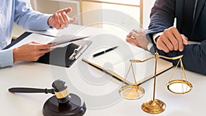Male lawyer or judge consult with client check contract papers recommend legal proposals, Law services concept