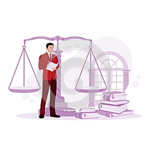 Male lawyer working in a courtroom with documents and scales of justice. Law concept.