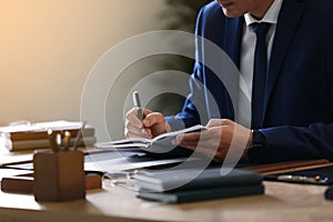 Male lawyer working at table in office