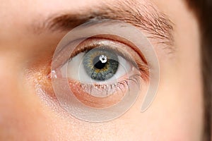 Male left green grey coloured eye extreme closeup