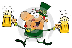 Male leprechaun running with beers