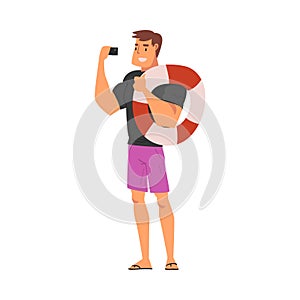 Male Lifeguard with Lifebuoy Taking Selfie Photo, Male Character Photographing Himself with Smartphone Cartoon Vector