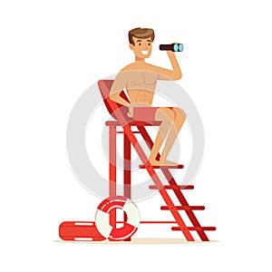 Male lifeguard sitting on lookout tower and looking at binoculars, professional rescuer on the beach vector Illustration