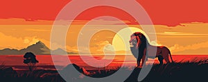 Male lion in the African savanna at sunset, illustration generative AI