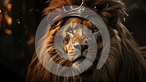 male lion with battle scars wearing a king of the jungle crown