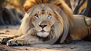 Male lion (Panthera leo) lying in the sand at sunset Generative AI