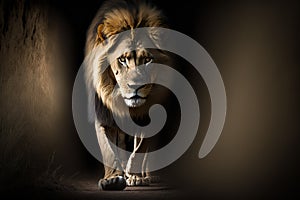 A male lion prowling through deep shadow, AI generated