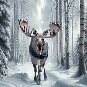 Male Majestic Moose Running Wintertime Wilderness Wildlife Snowy Forest Canada AI Generated