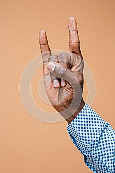 Male, man, hipster, in shirt, hand raised showing a heavy metal rock sign