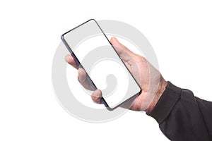 Male man holding and showing  blank smart phone isolated  on white background  with clipping path around hand and display with cop