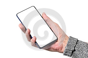 Male man holding and showing  blank smart phone isolated  on white background  with clipping path around hand and display with cop