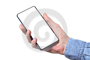 Male man holding and showing  blank smart phone isolated  on white background  with clipping path around hand and display with cop