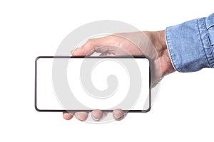 Male man holding and showing  blank smart phone isolated  on white background  with clipping path around hand and display with cop