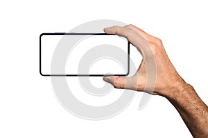 Male man holding and showing  blank smart phone isolated  on white background  with clipping path around hand and display with cop