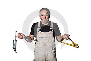 Worker specialist plumber, engineer or constructor on white background