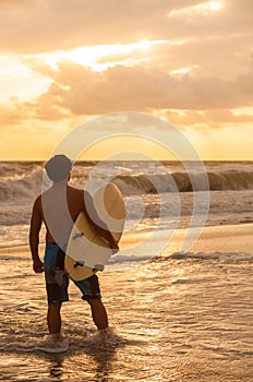 Male Man Surfer & Surfboard Sunset Sunrise Beach