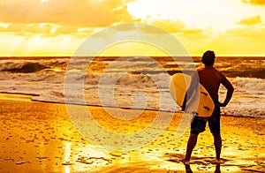 Male Man Surfer & Surfboard Sunset Sunrise Beach