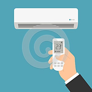 Male manager`s hand holds air conditioner remote control and adjusts room temperature, vector with green background