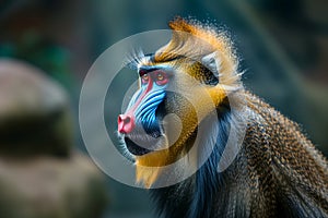 A male mandrill with its vibrant blue and red facial markings on full display photo