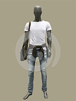 Male mannequin dressed in shirt and blue jeans