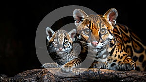 Male margay and margay kitten portrait with object, ample space for text on left photo