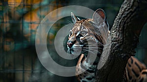 Male margay poses with kitten beside object in portrait, leaving space for text on left