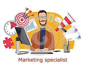 Male marketer. A stylish guy surrounded by symbols and marketing items
