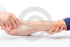 Male masseur doing massage of female hands close up